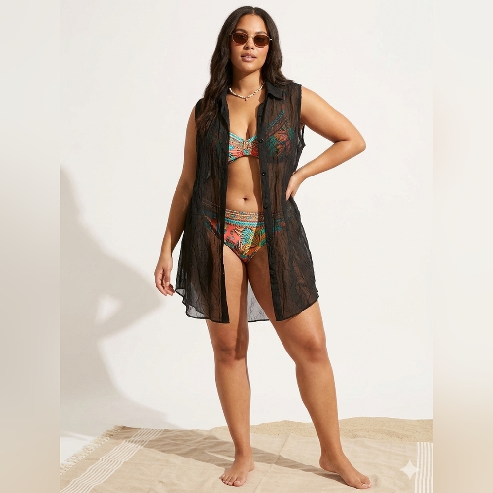 Bikini Bay.Black Sleeveless Button-Up Cover-up. Sheer Crinkled Material. size 12